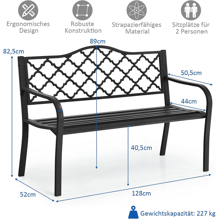 Садова лавка COSTWAY Паркова лавка з підлокітниками та спинкою, лавка залізна лавка для саду, двору патіо, лавка вуличні меблі для 2 до 3 осіб, чорна