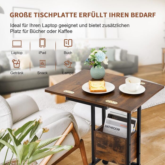 Приставний столик Hadulcet для дивана, С-подібний приставний столик, розкладна стільниця, столик для ноутбука з колесами, зарядна станція, вузький приставний столик для вітальні, спальні, висота 70 см, приставний столик темно-коричневого кольору