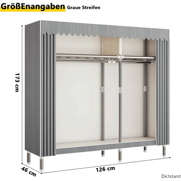 Тканинна шафа, міцна, тканинна розкладна шафа для спальні з рейкою для одягу та полицями, гардеробна шафа з вішалкою для одягу, 126x46x173 см, сіра смужка.