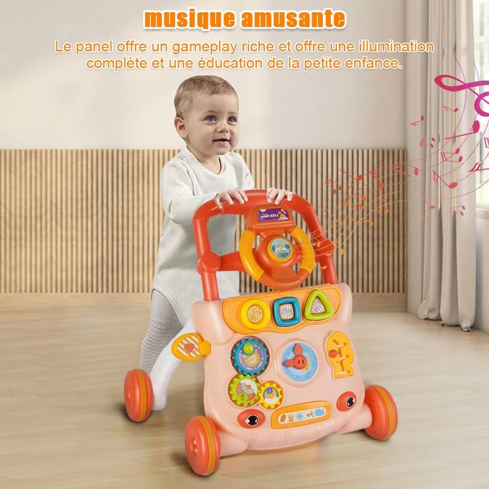 Дитячі ходунки, дитячі ходунки з музичним плеєром, амортизуючими колесами, подарунок для дітей від 6 місяців (36 x 34 x 42 см, рожеві) Рожеві 36x34x42 см