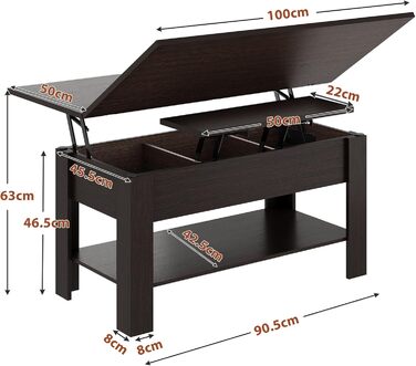 Журнальний столик з регульованою висотою, багатофункціональний стіл для вітальні 3-в-1, журнальний столик, приховане місце для зберігання, відкрите відділення, можна використовувати як обідній стіл, для вітальні, офісу, чорно-коричневий