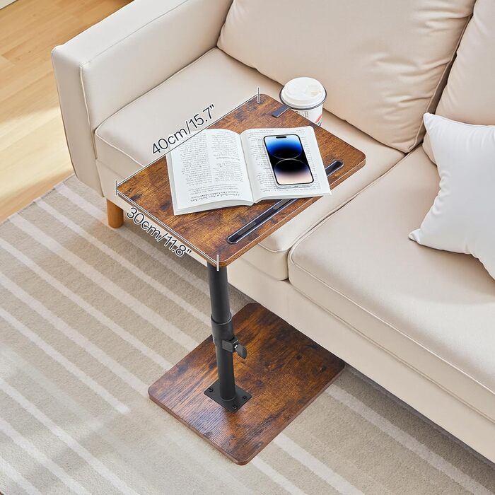 Журнальний столик HOOBRO C-подібної форми, регульована висота від 45,5 до 78 см, обертовий на 360 диванний столик з тримачем для напоїв та слотом, засовується під диван або ліжко, вінтажний коричневий та чорний EBF34SF01 Вінтажний коричневий чорний