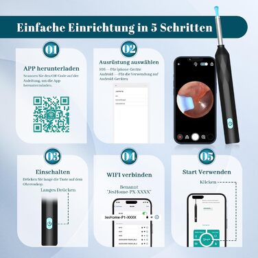 Отоскоп для видалення вушної сірки, камера для чищення вух AMDXD WiFi 8MP HD вушна камера IP4 Водонепроникний вушний отоскоп, камера отоскопа з широким кутом огляду 360, 6 світлодіодів для iPhone, iPad і смартфонів Android, чорний