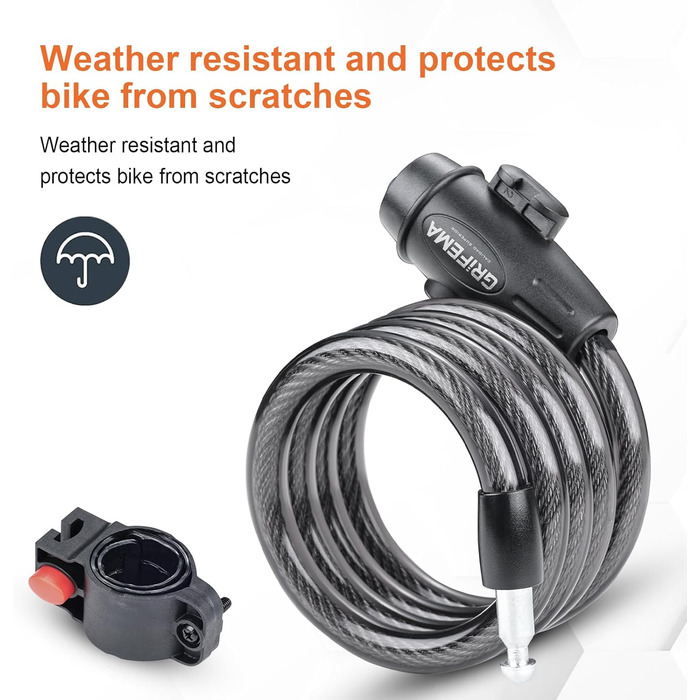 Замок велосипедний GRIFEMA з 2 ключами 120см/12мм, дитячий велосипедний замок, високий рівень безпеки, протиугінний трос для велосипеда з тримачем, аксесуари для велосипеда, чорний замок зі ключами