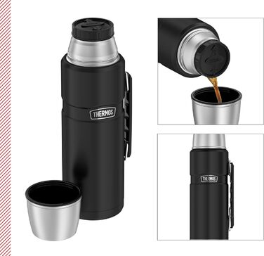 Термос THERMOS STAINLESS KING, матово-чорний, 1,20 л - нержавіюча сталь, герметичний, з чашкою для пиття та ручкою, 12 годин гарячої та 24 години холодної води, можна мити в посудомийній машині, без BPA