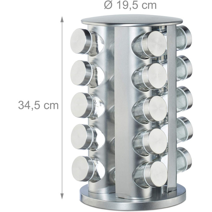Карусель для спецій Relaxdays з 20 баночками для спецій, обертається на 360, контейнери для спецій для посипання, висота 34,5 см, нержавіюча сталь, срібло
