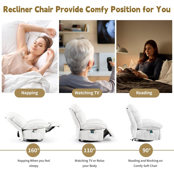 Електричне крісло-реклайнер, масажне крісло із зарядним портом та підігрівом, електрично регульоване крісло для телевізора для вітальні, спинка та підставка для ніг регулюються окремо (білий колір)