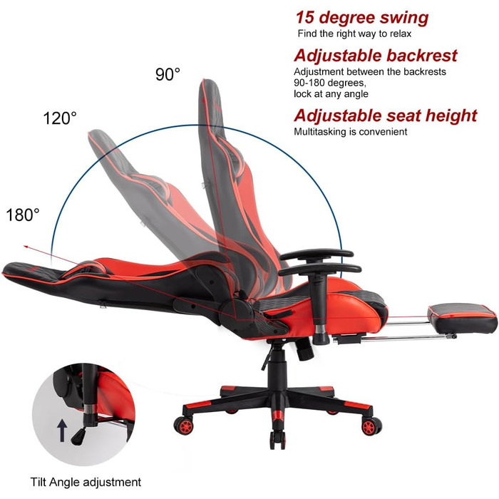 Ергономічне ігрове крісло, повністю регульоване з підлокітниками, підставкою для ніг, підголівником, спинкою та подушкою функція нахилу максимальний комфорт для геймерів та офісних працівників. З підставкою для ніг, червоного кольору.