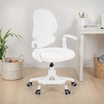 Дитяче обертове крісло IDIMEX ISLA з підставкою для ніг, біле ергономічне письмове крісло для дітей та підлітків, регульоване по висоті, обертове з поперековою опорою, спинка з дихаючої сітки, підлокітники