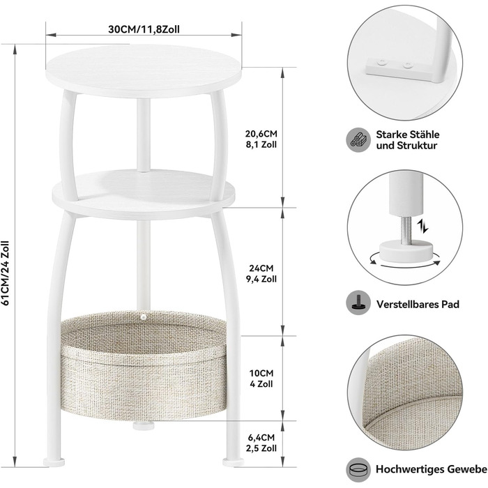 Круглий приставний столик, 3-ярусний круглий маленький столик, маленький журнальний столик, тумбочка біля ліжка, з тканинною кишенею, столик для вітальні, тканинний кошик, диванний столик для декору кімнати, дерево, метал, сучасний (білий)