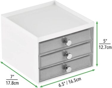 Органайзер для ювелірних виробів mDesign Зберігання ювелірних виробів з 3 шухлядами для сережок, намиста, кілець та браслетів Маленька пластикова скринька для ювелірних виробів Білий/Сірий