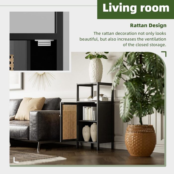 Бамбукова підлогова шафа з ротангом, невелика шафа для зберігання речей у ванній кімнаті з 1 дверцятами та 1 полицею, компактна дерев&39яна кухонна шафа, журнальний столик у передпокій, окремостояча тумба для вітальні (чорна)