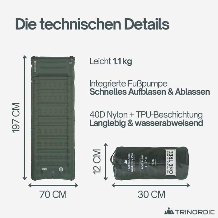 Надзвичайно товстий надувний килимок для сну - товщиною 12 см та шириною 70 см з ножним насосом та подушкою - Надувний матрац для кемпінгу з невеликим розміром упаковки для активного відпочинку, походів та велопрогулянок