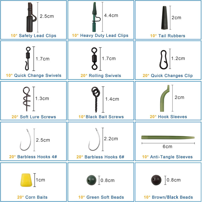Набір снастей для лову коропа OROOTL, 277 предметів, коробка для риболовлі на коропа з аксесуарами, гачки для лову коропа, вертлюги, запобіжні затискачі, рукави проти заплутування