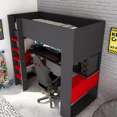 Дитяче двоярусне ліжко Gamex з ігровим столом в антрацитовому та червоному кольорах