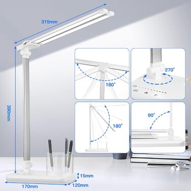 Настільна лампа Wholede LED з регулюванням яскравості з тримачем для ручки, настільна лампа з подвійною головою 5 кольорів і 10 рівнів яскравості, приліжкова лампа, настільна лампа з функцією хронометражу Настільна лампа для дітей, офісна срібло