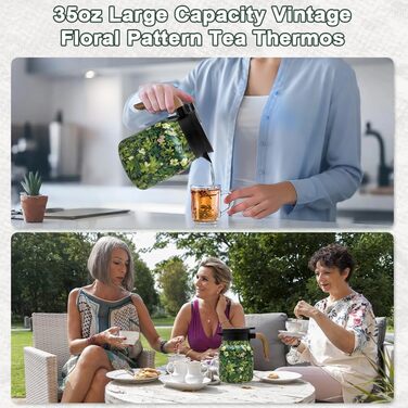 Термос 1000 мл з чайним інфузером, вінтажний квітковий візерунок для чаю, термос з вінтажним квітковим візерунком, вакуумний чайник, підігрівач для кави з квітковим візерунком для гарячих напоїв