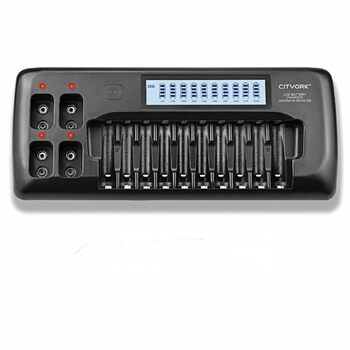 Зарядний пристрій CITYORK з 104 слотами та РК-дисплеєм для акумуляторних батарей 1,2 В AA/AAA Ni-MH та акумуляторних батарей 9 В Ni-MH/Li-ion з вбудованим захистом IC