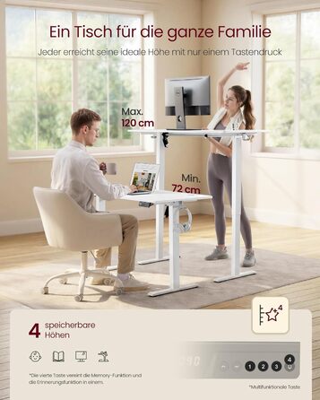 Стіл з регульованою висотою, стіл для роботи стоячи, комп&39ютерний стіл, нагадування про тривале сидіння, функція пам&39яті з 4 висотами, для офісу, 100 x 60 см, хмарно-білий LSD310WZ03 хмарно-білий 100 x 60 см