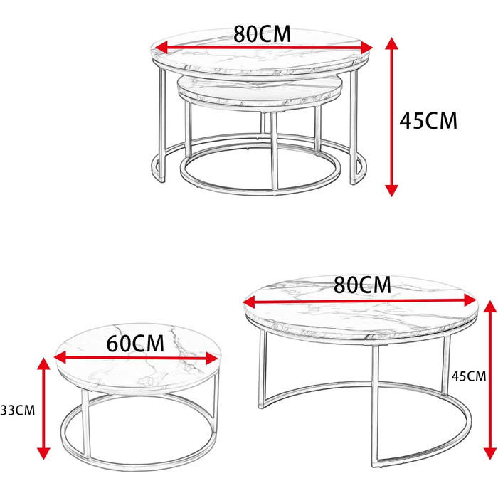 Комплект із 2 круглих журнальних столиків, білий мармуровий журнальний столик з чорною металевою рамою, круглий бічний столик, сучасний столик для вітальні, вбудовані столики для вітальні, спальні, балкону, білий та чорний