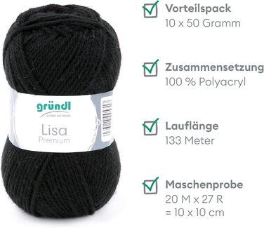 Пряжа Grndl Lisa Premium Uni Knitting & Crochet Yarn (м'яка і схожа на шерсть, проста в догляді миється трикотажна пряжа з 100 поліакрилу, 50 г/ 133 м, розмір голки 3,5 - 4,5, 10 клубків по 50 г кожен), (чорний)