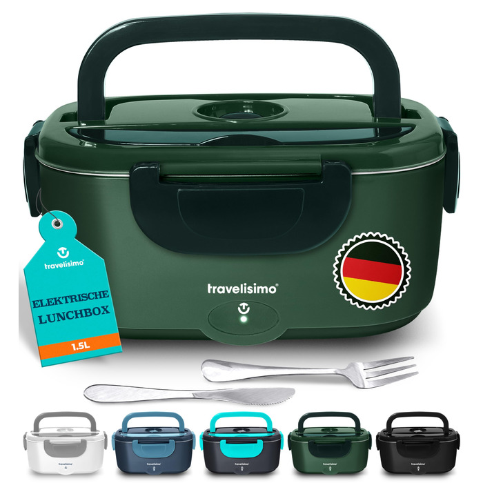 Електричний ланч-бокс TRAVELISIMO з підігрівом 100 Вт, електричний ланч-бокс з підігрівом 1,5 л, 3-в-1, підігрівач їжі 12 В/24 В/220 В, електричний ланч-бокс для робочого автомобіля/вантажівки та підігрівач темно-зеленого кольору