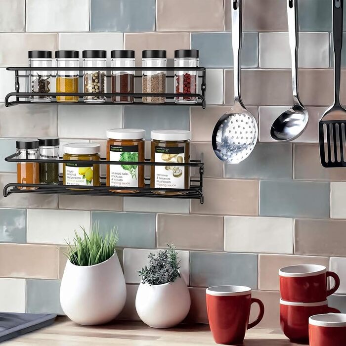Металева підставка для спецій GEEDIAR - Підвісна кухонна полиця з 4 предметів, самоклеюча підставка для спецій (не потребує свердління) для стін, кухонних шаф, дверцят кухонних шаф, декоративних предметів, стільниць, 29 x 6,35 x 6 см, чорна