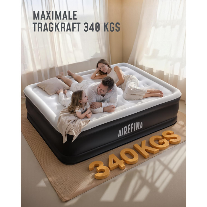 Надувний матрац Airefina для 2 осіб, самонадувальний, з вбудованим насосом, надувається за 3 хвилини, надувний матрац для кемпінгу та домашнього використання, міцне гостьове ліжко - 203 x 152 x 46 см, двоспальне (46 см)
