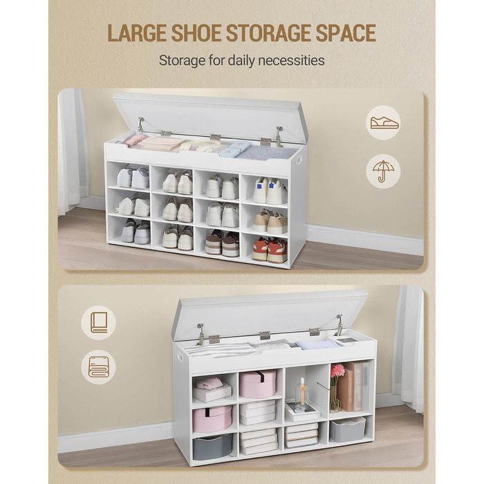 Лавка для взуття Hzuaneri, полиця для взуття із сидінням, лавка для зберігання, 12 відділень, знімні полиці, підходить для вітальні, коридору, входу, 30 x 100 x 55 см, білий SB53503GY
