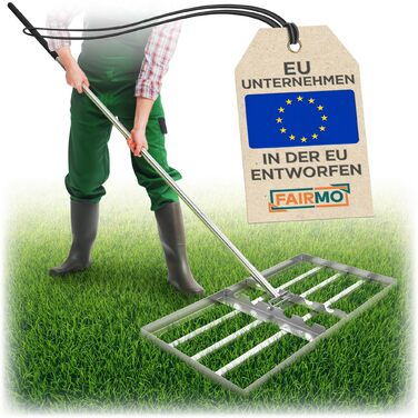 Зручний металевий рівняльник для газону (75x35 см) від Fairmo для насиченого зеленого газону - рівняльник для газону з ручкою 2 метри - інструмент для догляду за газоном з вирівнюючими зубцями - широкий граблі для піскування газону