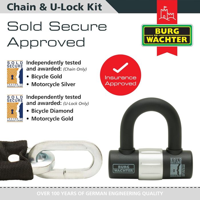 Комплект замків та ланцюгів для велосипеда Burg-Wchter 172D Sold Secure Gold, чорний, 2 м, 2 м, чорний