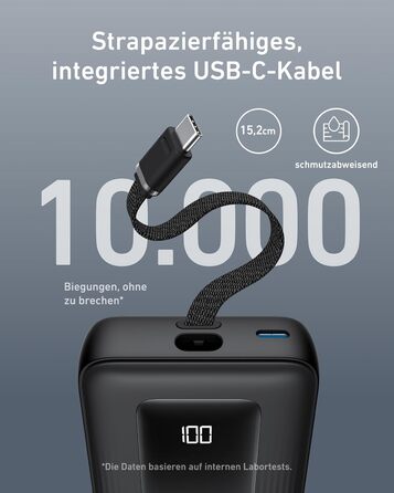 З вбудованим кабелем USB-C, високошвидкісний портативний зарядний пристрій, 1 USB-C, 1 USB-A, акумулятор для iPhone 16/15/15 Pro/15 Pro Max/15 Plus, MacBook, Галактика та інше, 20000mAh 30W