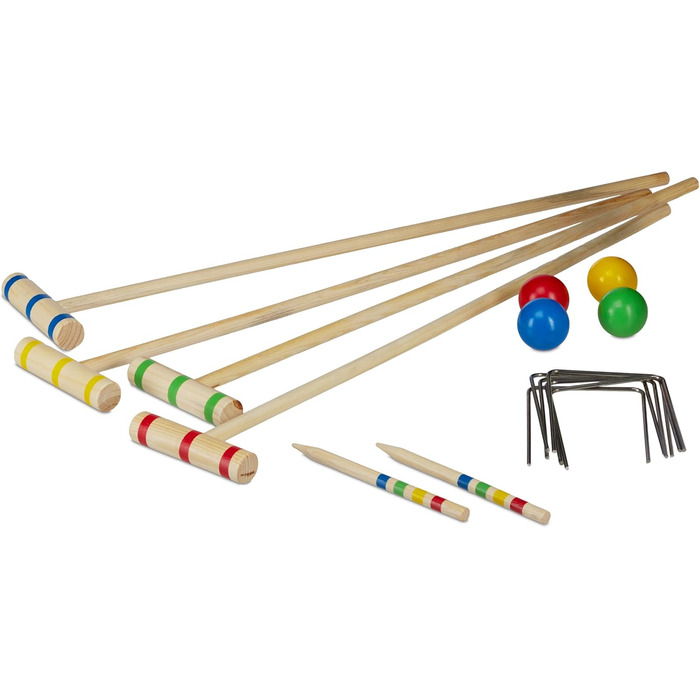 Набір для крокету Relaxdays, 4 гравці (діти та дорослі), повний комплект із сумкою, дерево, натуральний колір, одинарний, ЄС