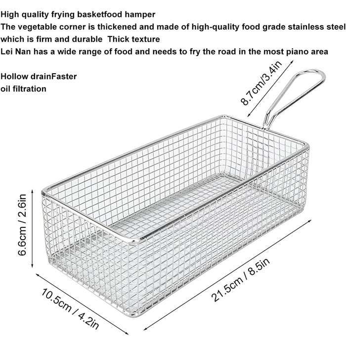 Кошик для фритюрниці Tomotato Кошики для чіпсів фрі сітка 215x106x66 мм Прямокутник з нержавіючої сталі Тримач для картоплі фрі Фільтр для смаженої їжі у фритюрі для цибулевих кілець Курячі крильця Кухня Ресторан