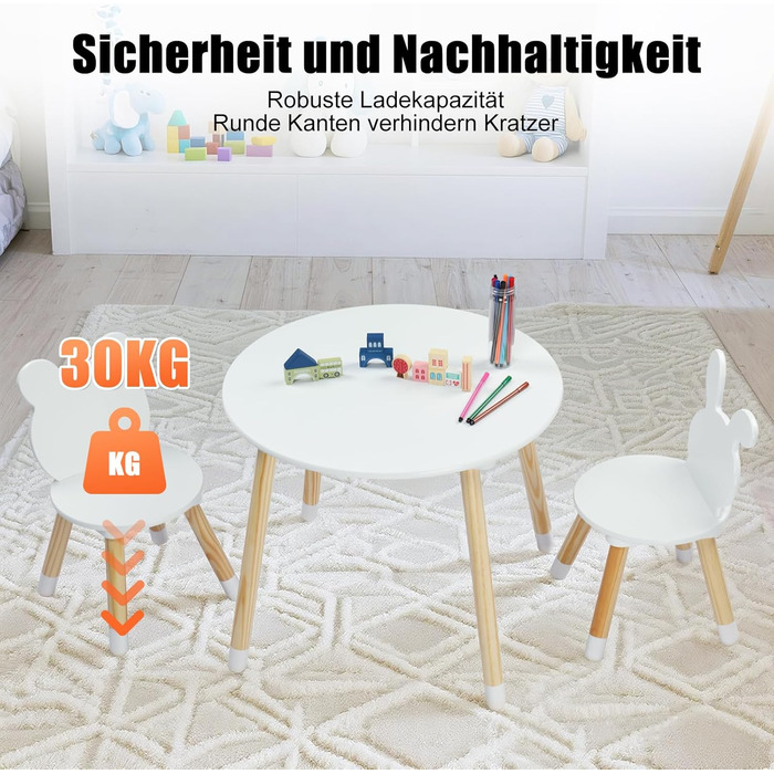 Дитячий стіл LALAHO з 2 стільцями, комплект дитячих сидінь, дитячий стіл/художній стіл, ігровий стіл, з сосновими ніжками, дитячі меблі для дитячих кімнат та дитячих садків (білий)