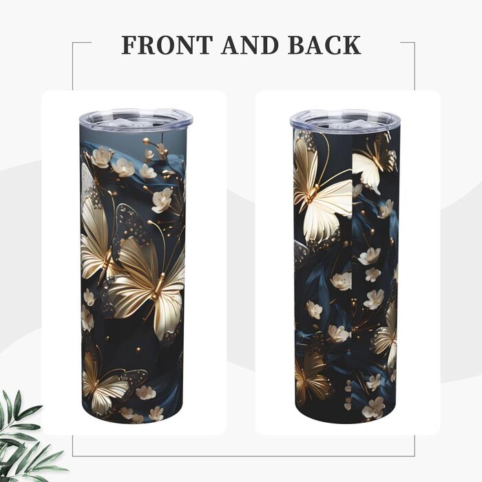 Кухоль з прямою трубочкою, 590 мл, золотистого кольору, білі метелики, чорний, з принтом, дорожній кухоль, підходить для кемпінгу, офісу та дому