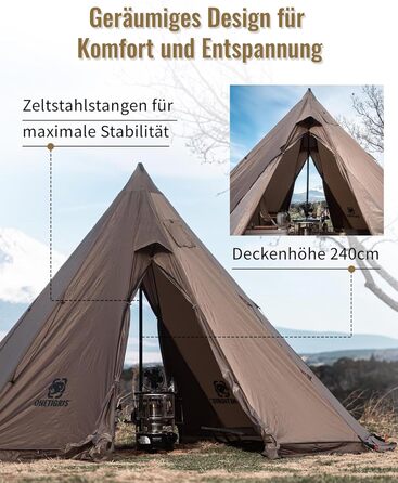 Намет OneTigris Rock Fortress, намет-тіпі, намет-хребет для 4-6 осіб, пірамідальний намет зі штангою, 4-сезонний кемпінговий намет, водяний стовп 3000 мм для активного відпочинку, кемпінгу, пішого туризму, трекінгу, кольору койота