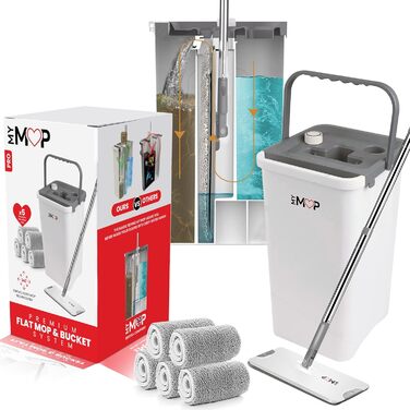 Набір з плоскої швабри та відра, 3-камерна система очищення, розділяє чисту та брудну воду, головка, що обертається на 360, 5 воло