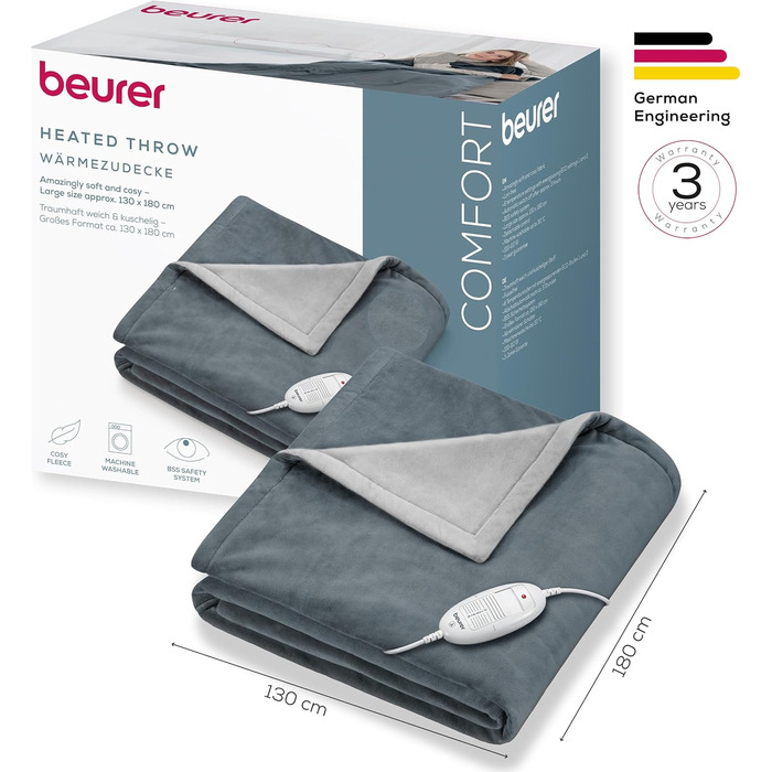 Ковдра Beurer HD 75 Dark Grey, м&39яка, з підігрівом, 6 температурних режимів, можна прати в пральній машині, з автоматичним вимкненням та додатковою безпекою, темно-сіра, 180 x 130 см
