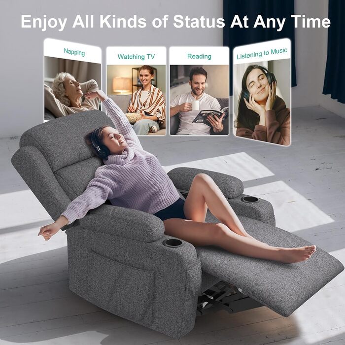 Крісло для телевізора з розкладним підйомником, масажне крісло з електрорегулюванням та функцією підігріву, функція розкладного підйому, підставка для ніг, 2 бічні кишені, підсклянник, порти типу C та USB, крісло для телевізора у вітальню, модний темно-сі