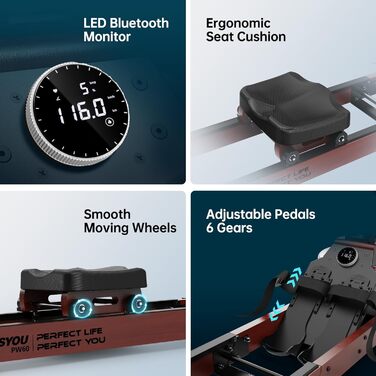 Гребний тренажер PASYOU для домашнього використання, дуб, складний водний гребний тренажер з Bluetooth-дисплеєм та 30-денним безкоштовним членством у Kinomap, гребний тренажер з регульованим тримачем для планшета, вантажопідйомність 150 кг, PW60 коричневи