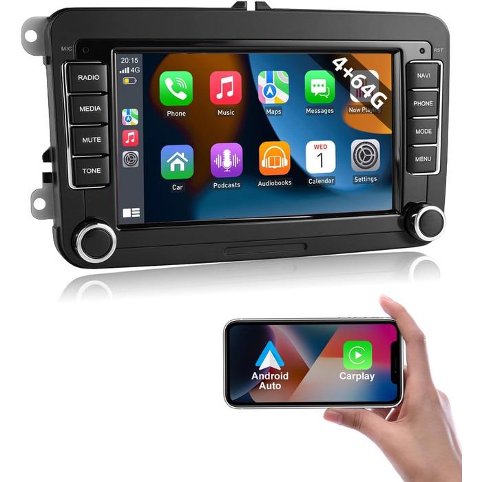 Автомобільне радіо Essgoo 464G Android 14 для VW Caddy Golf MK5 6 Polo Passat Seat RCD330 з бездротовим CarPlay Android Auto, 2 Din радіо з 7-дюймовим сенсорним екраном Bluetooth FM RDS GPS WiFi