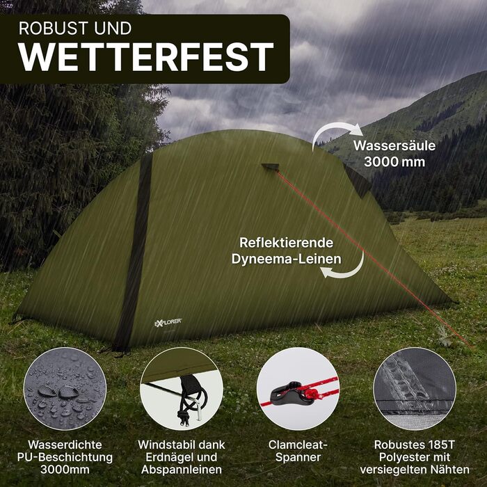 Намет EXPLORER Dakota на 1-2 особи, малий розмір у спорядженні, надлегкий, для подорожей на велосипеді або мотоциклі, 1-2 особи, водяний стовп 3000 мм, з окремим внутрішнім наметом, водонепроникним підлоговим покриттям, для піших прогулянок, трекінгу, кем