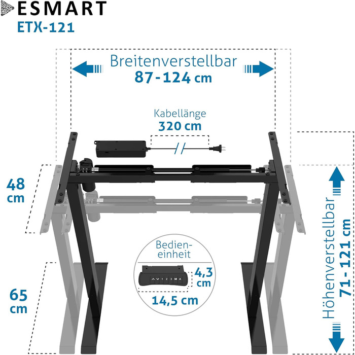 Чорний - Ергономічна рама для столу з функцією сидячи/стоячи, безступінчасте електричне регулювання висоти 71-121 см, 3 слоти пам&39яті, порт заряджання USB, нагадування про активність, плавний старт/зупинка, 121B