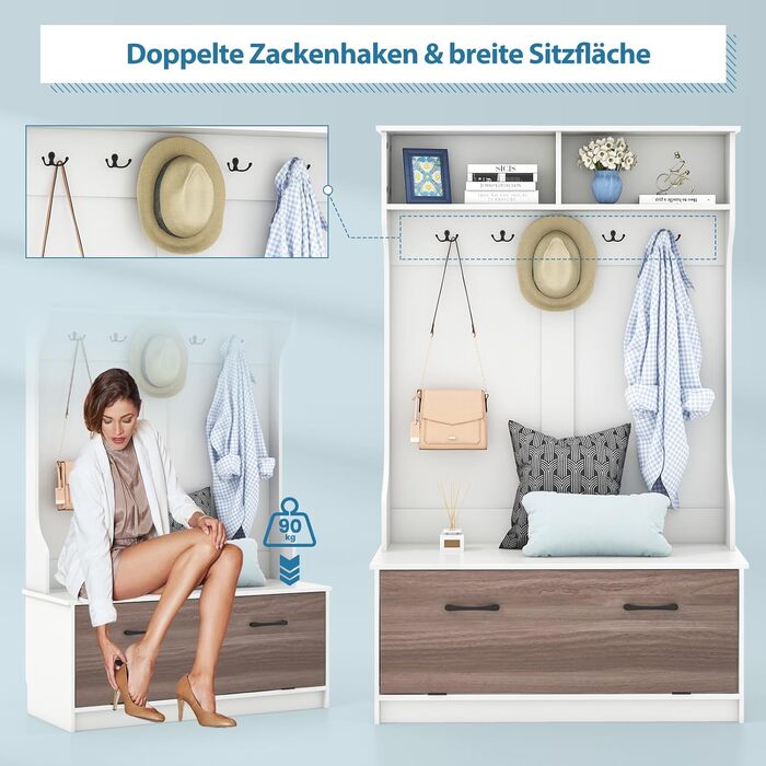 Вішалка для одягу COSTWAY з лавкою та 5 подвійними гачками, вішалка для одягу з відкритими відділеннями та тумбою для взуття, пере