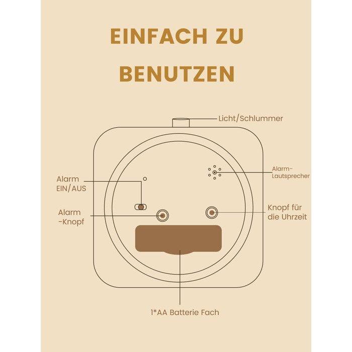ВищеГодинник будильник аналоговий без цокання, будильник дерев'яний з дрімотою, тумбочка настільний годинник з нічником, ретро-будильник аналоговий на батарейках (потрібна батарея 1*AA) - натуральне дерево світло-коричневого кольору (квадрат, світло-корич