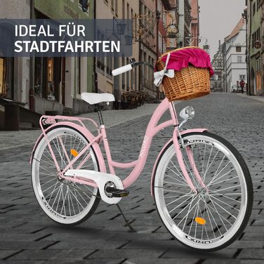 Жіночий міський велосипед MILORD Comfort з плетеним кошиком, вінтажний, 26, 28 дюймів, 1 швидкість, рожевий, 26 дюймів