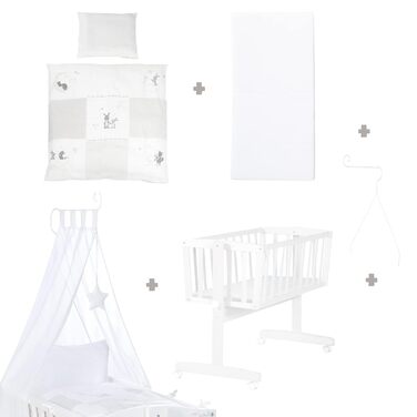 Дитяча колиска roba 40 x 90 см з дерева - Лисиця та Зайчик - Колиска та колиска з колесами - Комплект ліжка з функцією блокування - Включає текстильне обладнання - Дерево біле / Лисиця та Зайчик