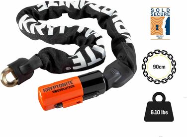 Ланцюговий замок Kryptonite Evolution 1090 - 90 см, клас безпеки 8/10, протиугінний, велосипедний замок високого рівня безпеки, зі сталевим ланцюгом 10 мм та 3 ключами, чорний, одинарний
