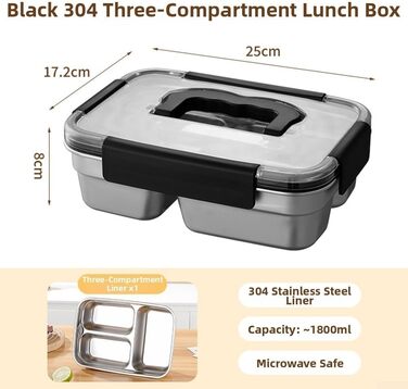 Ланчбокс з нержавіючої сталі, 1800 мл, з ручкою, герметичний, 3 відділення, придатний для використання в мікрохвильовій печі, контейнер для їжі для роботи, школи або пікніків (чорний)